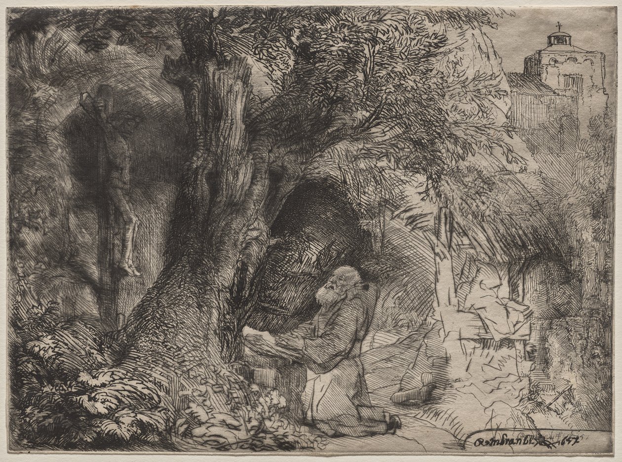 San Francisco rezando bajo un árbol de Rembrandt van Rijn
