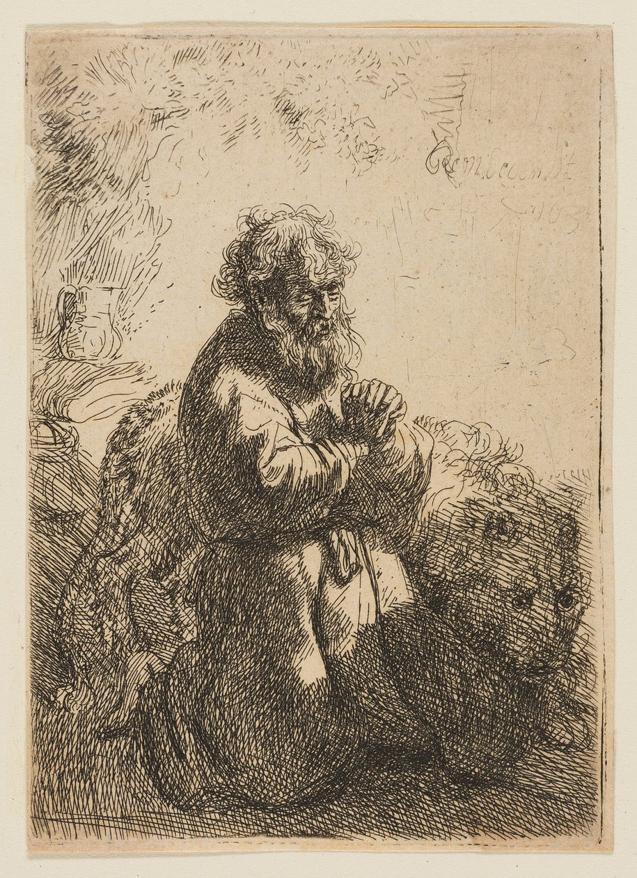 San Jerónimo arrodillado en oración, mirando hacia abajo de Rembrandt van Rijn