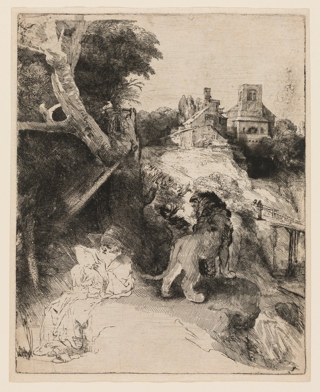 San Jerónimo leyendo en un paisaje italiano de Rembrandt van Rijn