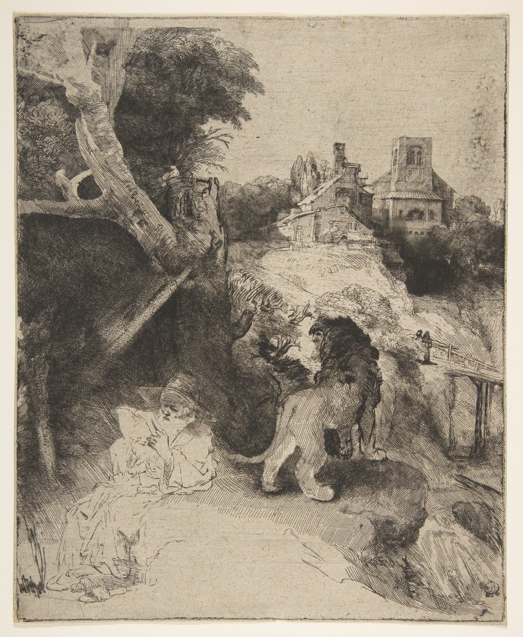San Jerónimo leyendo en un paisaje italiano de Rembrandt van Rijn