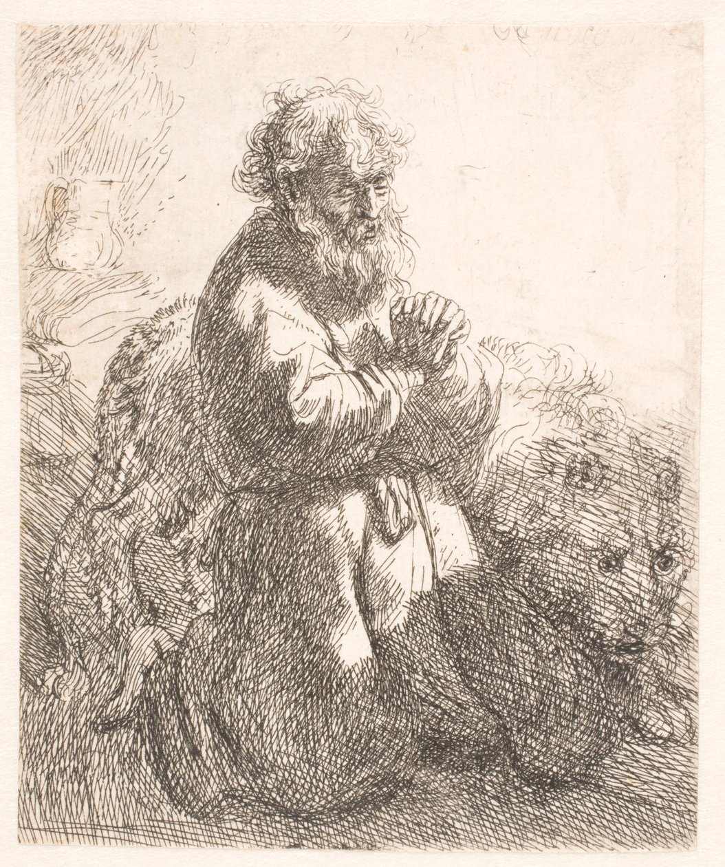 San Jerónimo arrodillado en oración, mirando hacia abajo de Rembrandt van Rijn