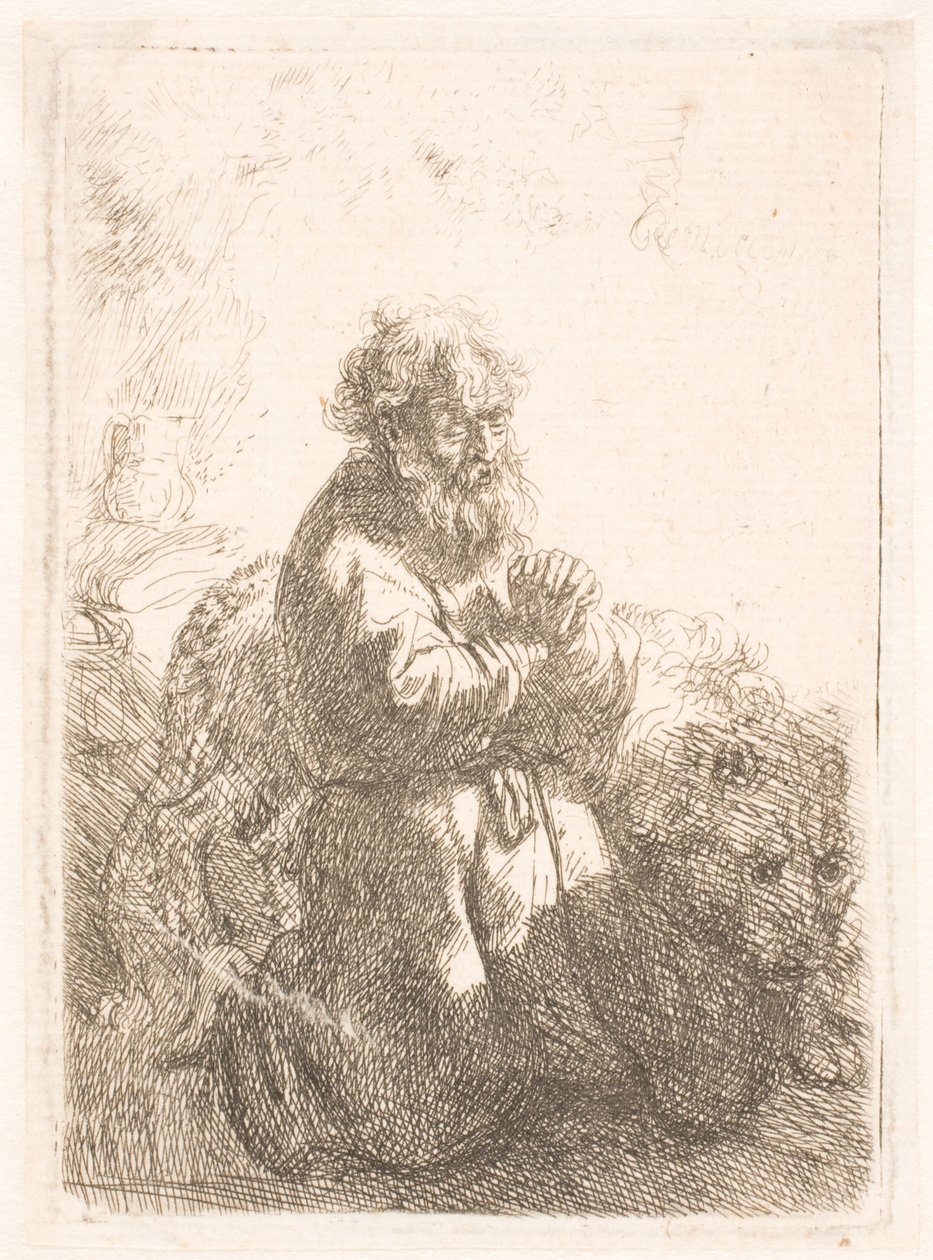 San Jerónimo arrodillado en oración, mirando hacia abajo de Rembrandt van Rijn