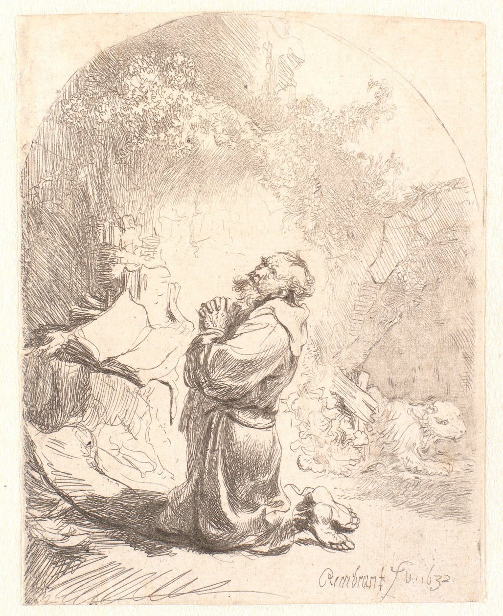 San Jerónimo rezando: impresión arqueada de Rembrandt van Rijn