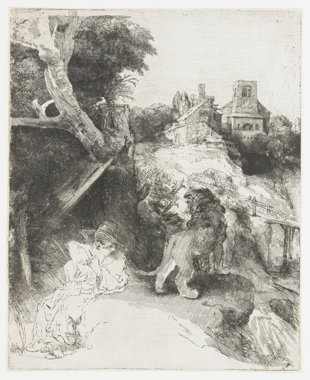 San Jerónimo leyendo en un paisaje italiano de Rembrandt van Rijn