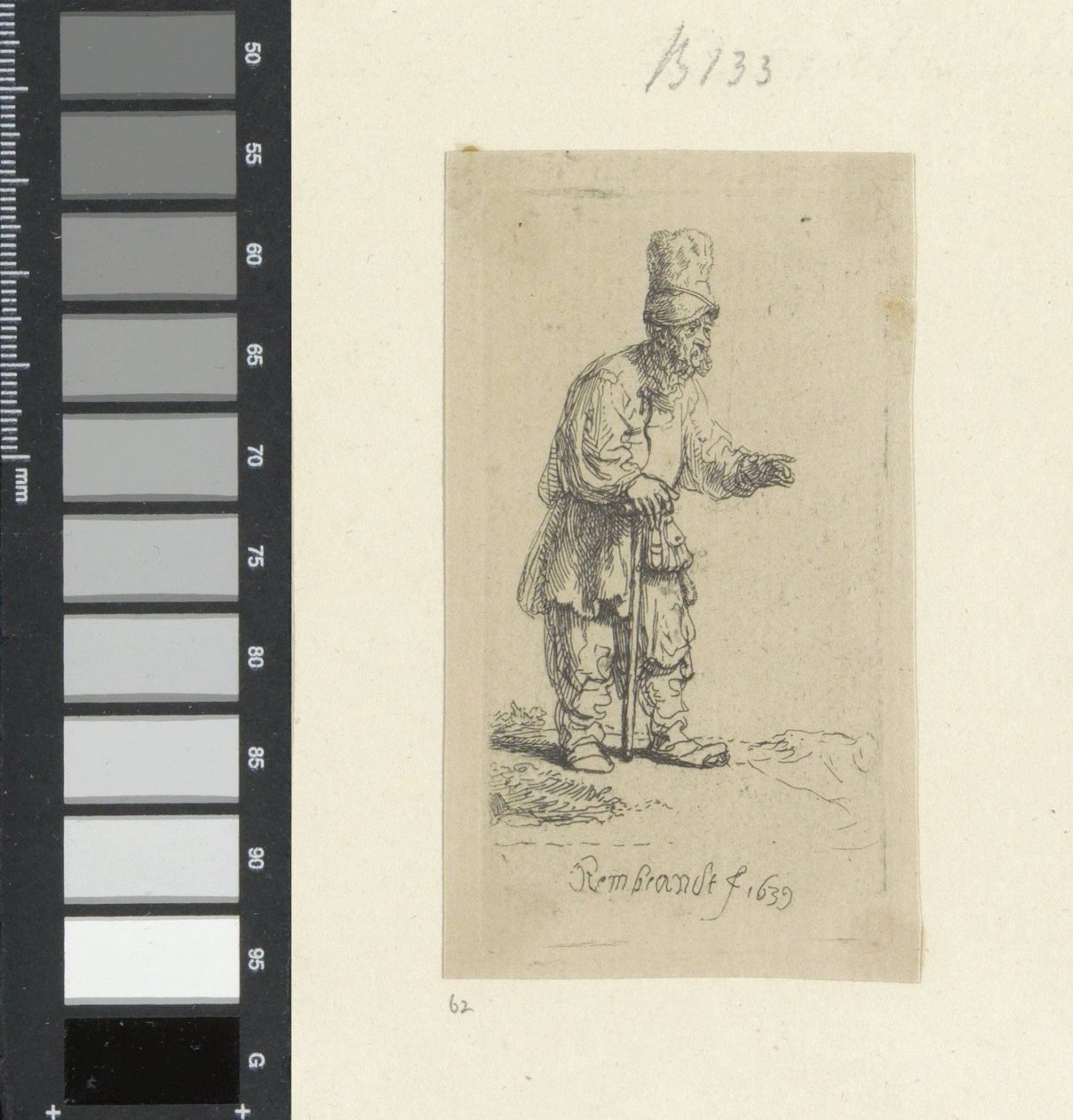 Granjero de pie con casco alto, apoyado en un palo Recueil de quatre-vingt-cinq estampes originales (título de la serie) de Rembrandt van Rijn