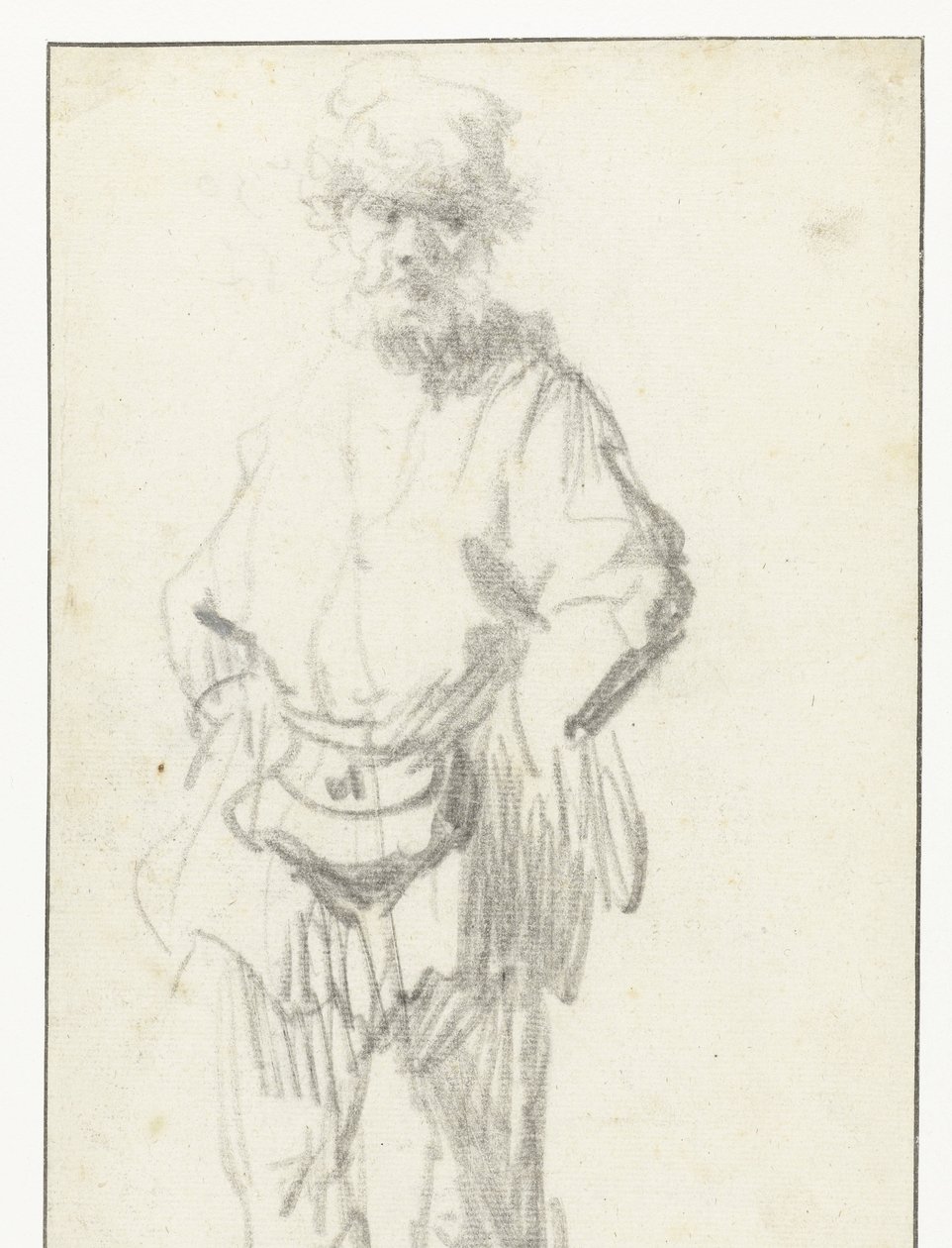Hombre de pie con una bolsa de Rembrandt van Rijn