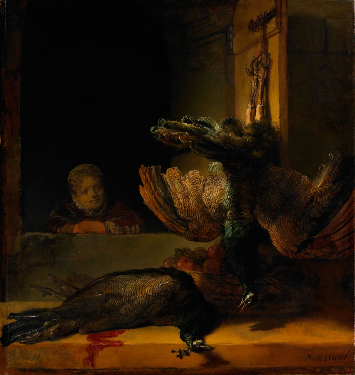 Naturaleza muerta con dos pavos reales y una niña, ca. 1639 de Rembrandt van Rijn