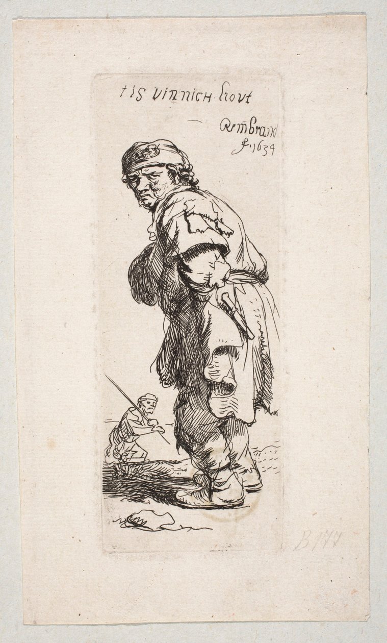 Un campesino de pie, mirando hacia la izquierda, y una figura con un palo al fondo: «Tis vinnich Kout» de Rembrandt van Rijn