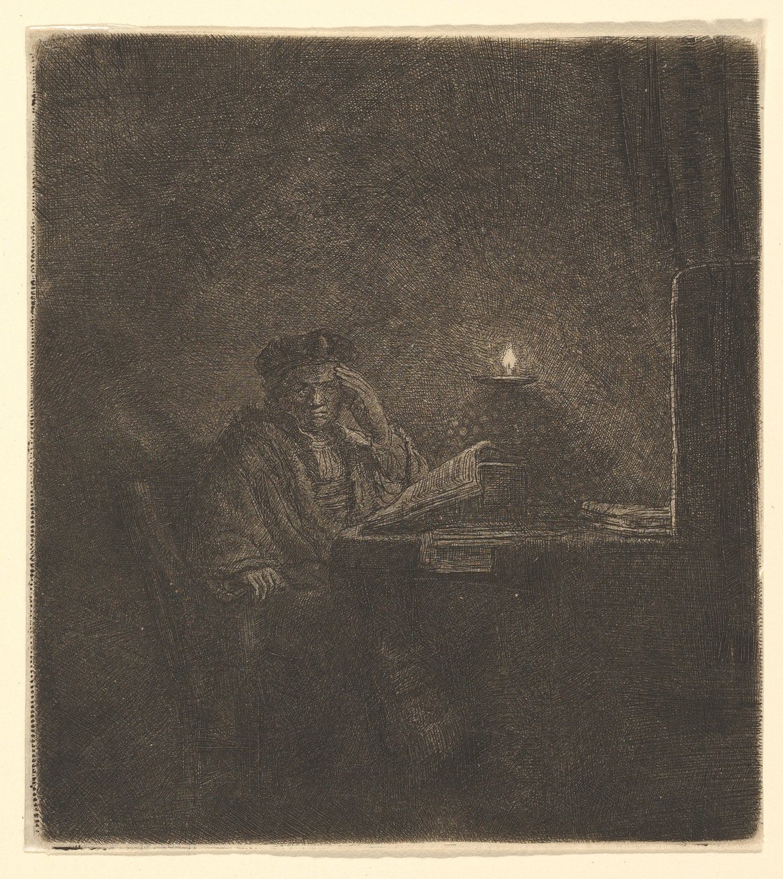 Estudiante en una mesa a la luz de las velas de Rembrandt van Rijn