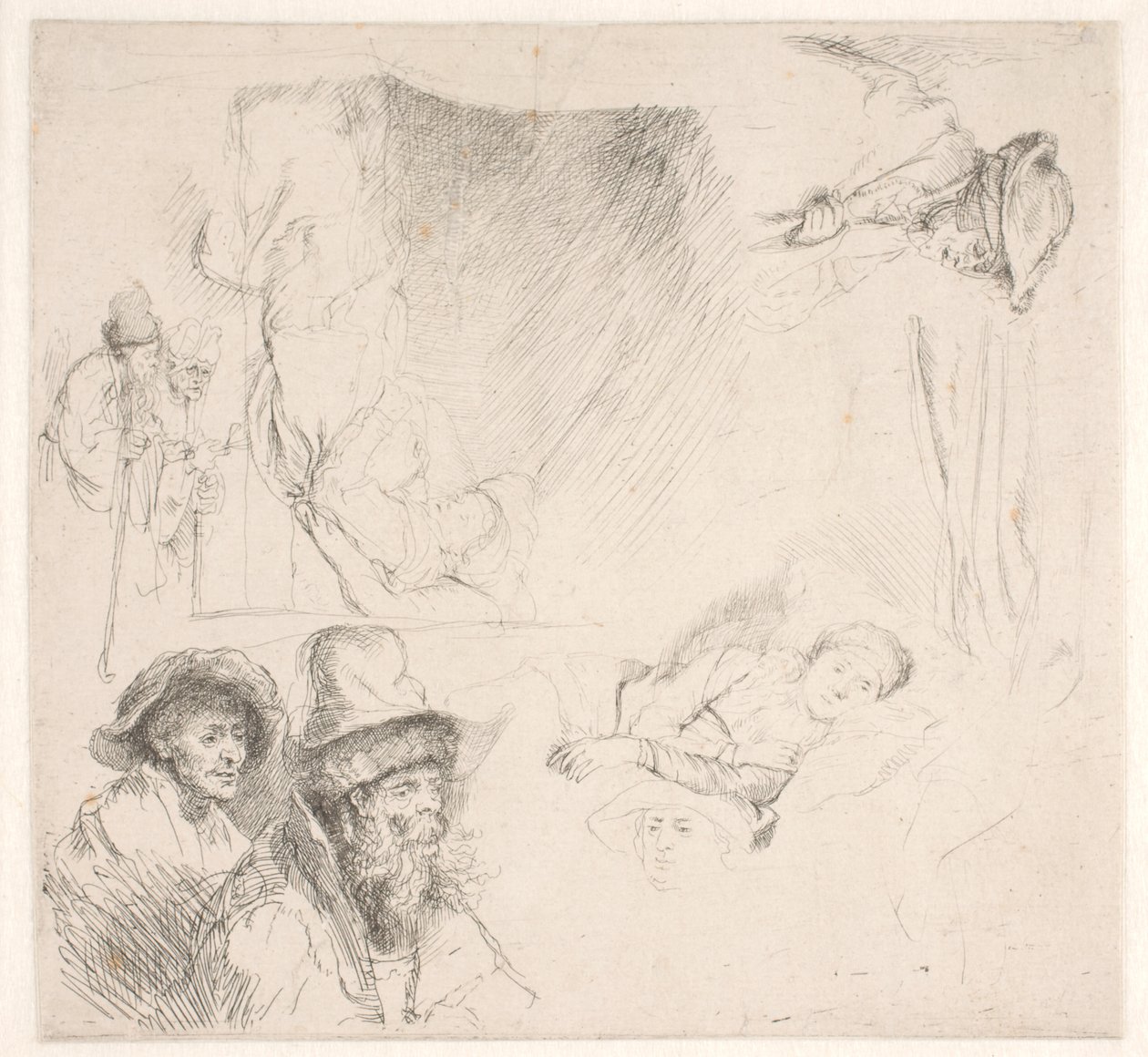 Hoja de estudio, incluyendo una mujer en cama de Rembrandt van Rijn