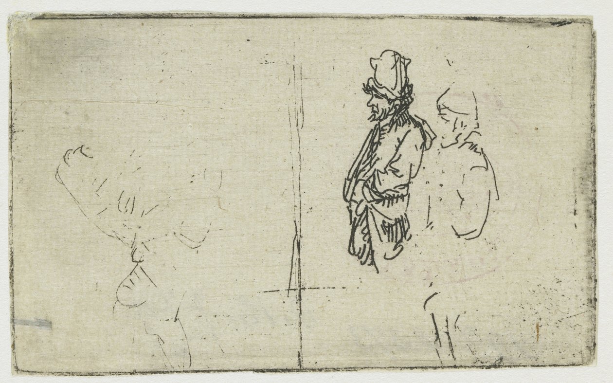 Hoja de estudio con dos bocetos, uno de ellos de dos campesinos de Rembrandt van Rijn