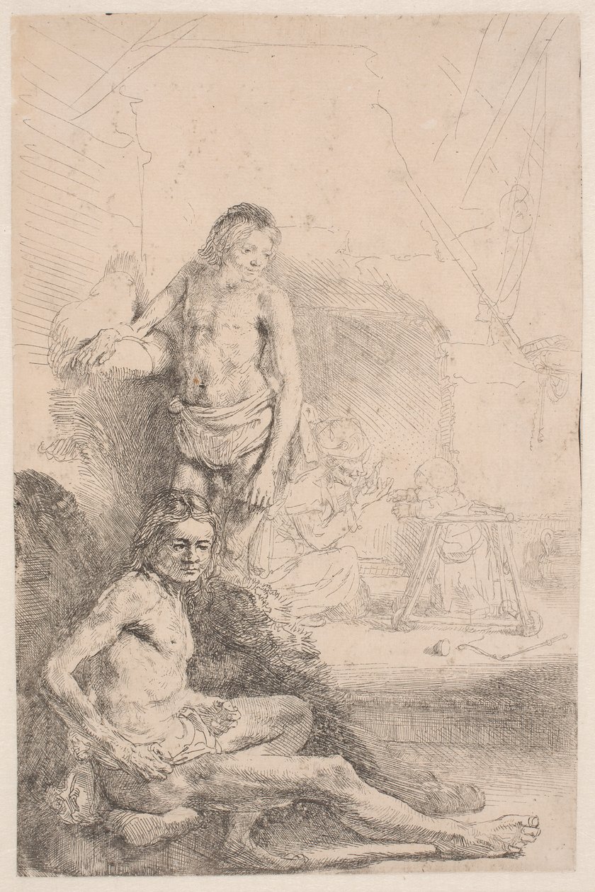 Estudios de desnudos: un hombre sentado y otro de pie; con una mujer y un bebé esbozados ligeramente al fondo de Rembrandt van Rijn
