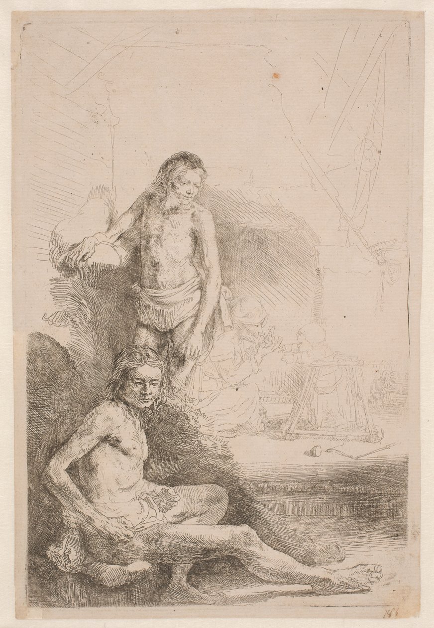 Estudios de desnudos: un hombre sentado y otro de pie; con una mujer y un bebé esbozados ligeramente al fondo de Rembrandt van Rijn
