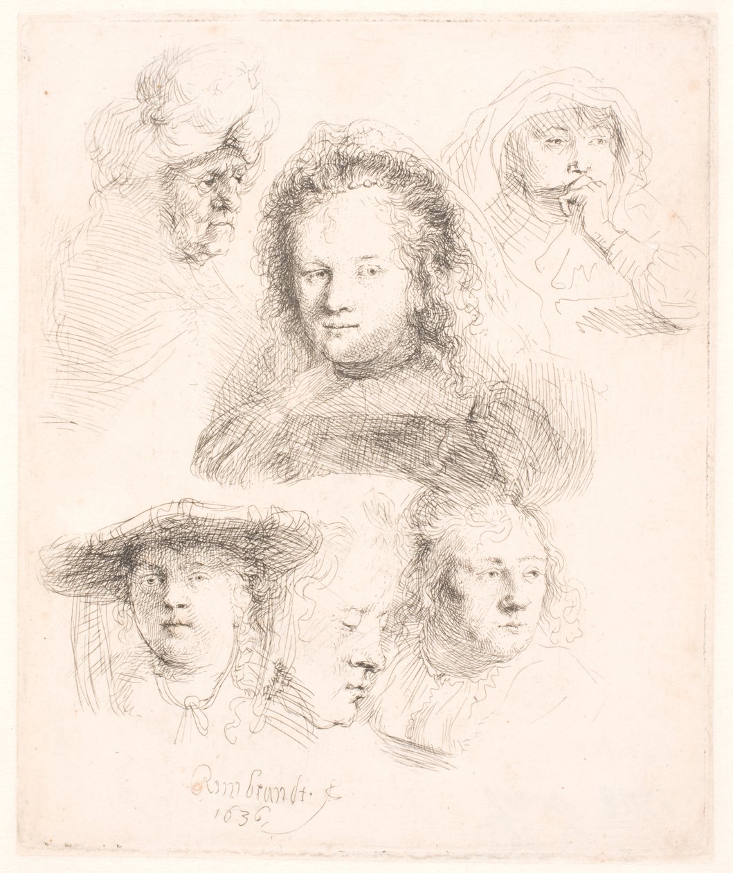 Estudios de la cabeza de Saskia y otros de Rembrandt van Rijn