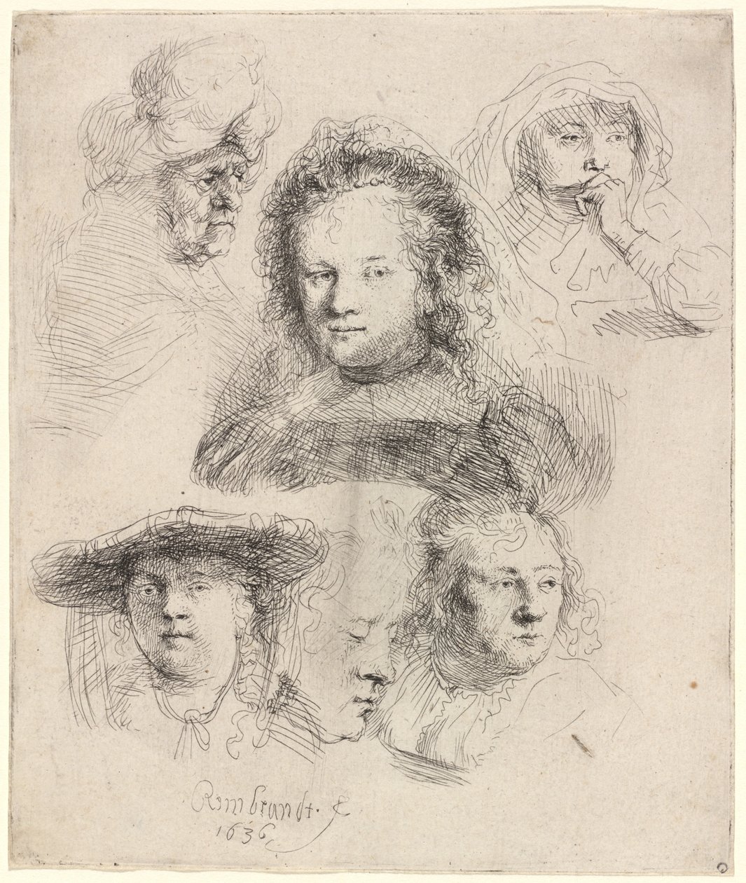 Estudios de la cabeza de Saskia y otros de Rembrandt van Rijn