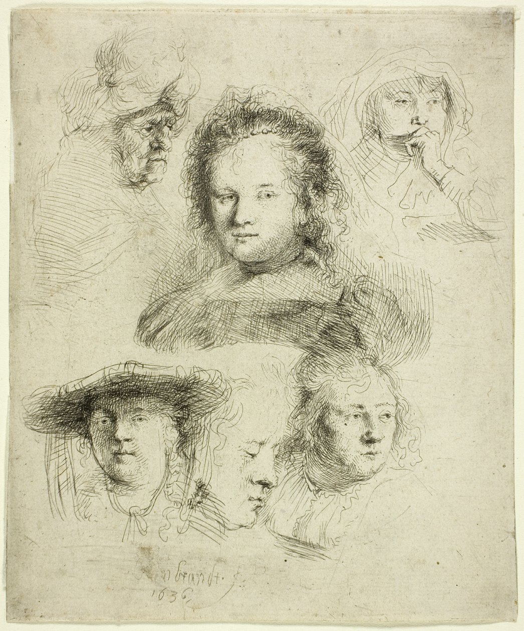 Estudios de la cabeza de Saskia y otros de Rembrandt van Rijn