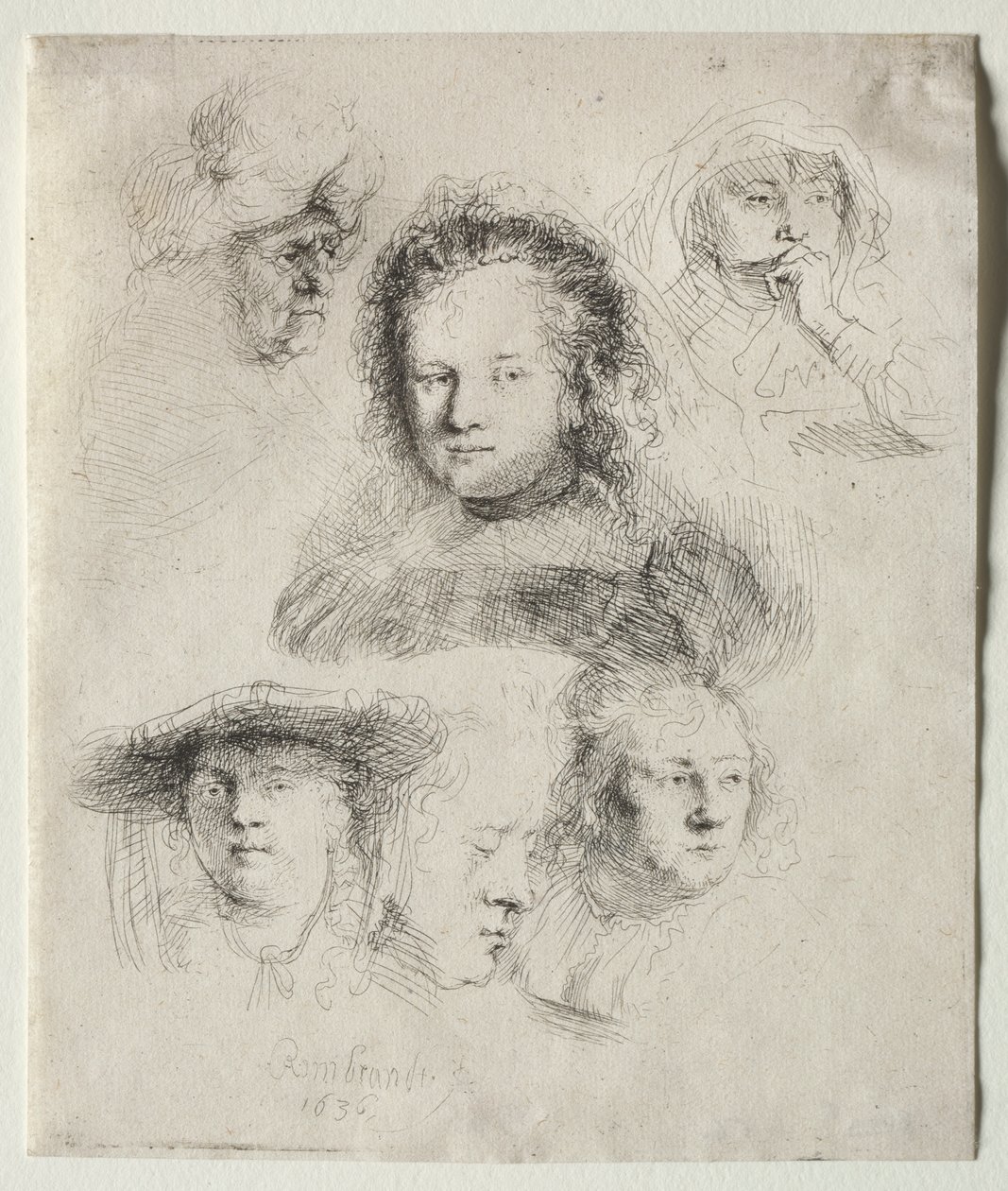 Estudios de la cabeza de Saskia y otros de Rembrandt van Rijn