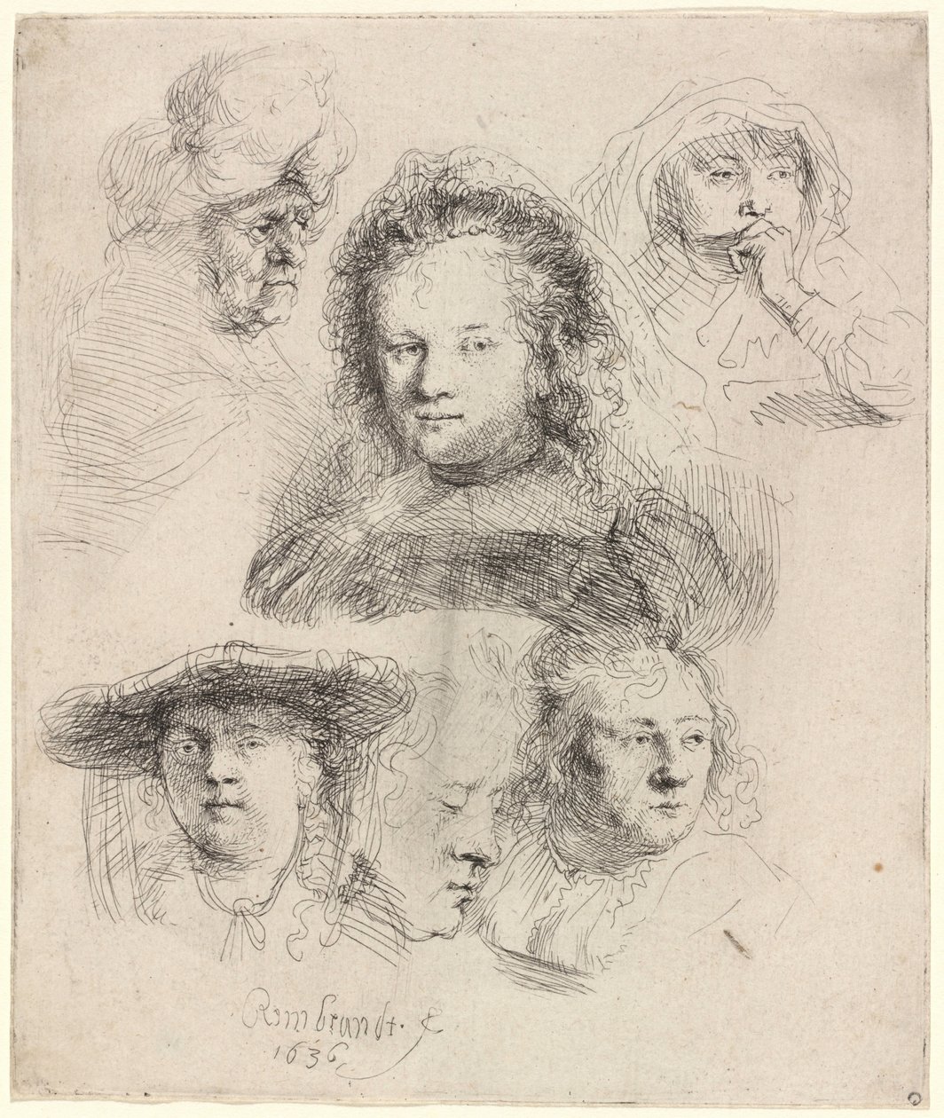 Estudios de la cabeza de Saskia y otros de Rembrandt van Rijn