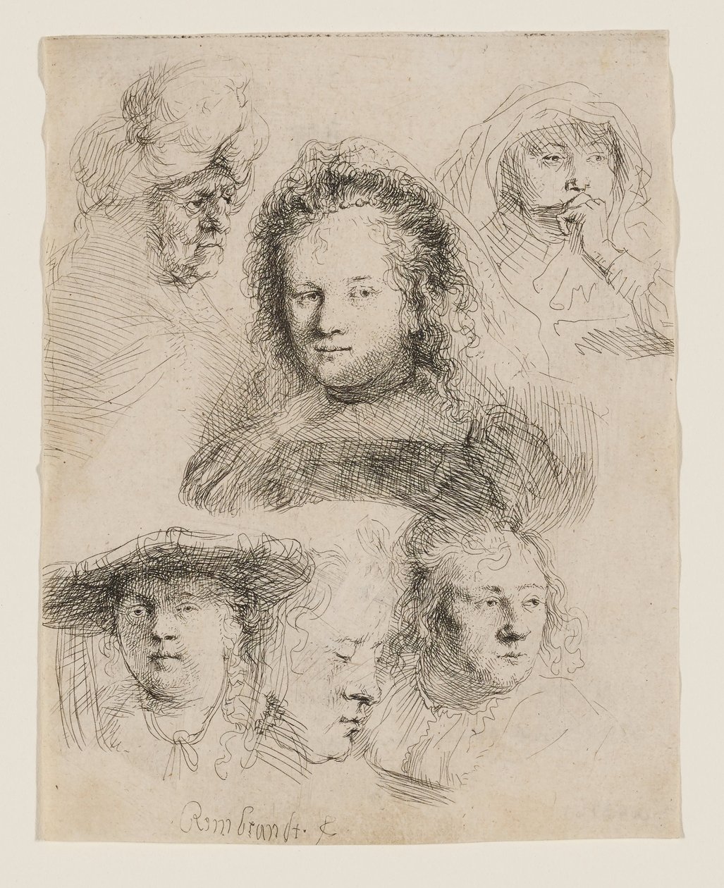 Estudios de la cabeza de Saskia y otros de Rembrandt van Rijn
