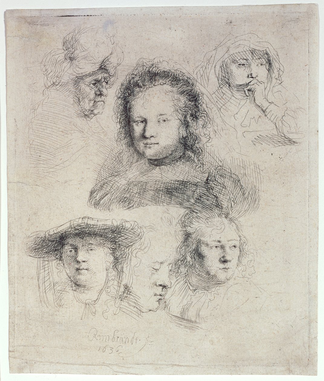Estudios de la cabeza de Saskia y otros de Rembrandt van Rijn