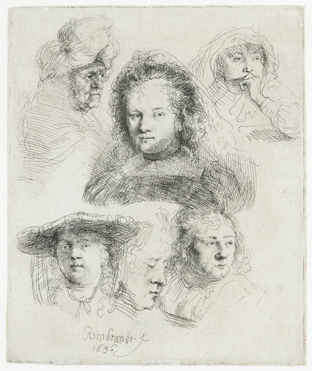 Estudios de la cabeza de Saskia y otros de Rembrandt van Rijn