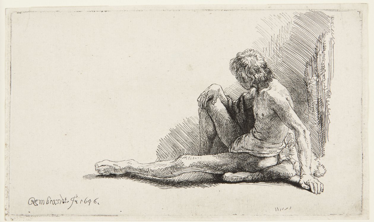 Estudio de desnudo (Hombre sentado en el suelo) (Bartsch 196, segunda de dos versiones; H. 221; Muntz 137 II) de Rembrandt van Rijn