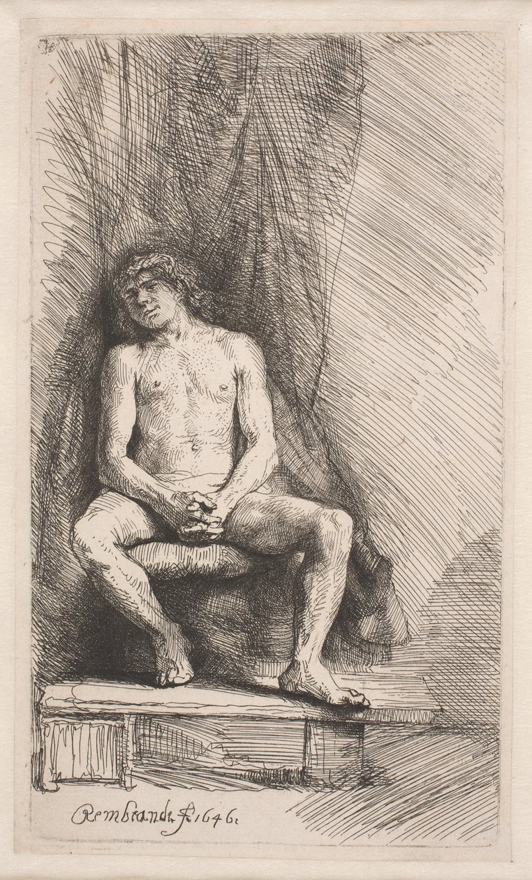 Estudio de desnudo: hombre sentado ante una cortina de Rembrandt van Rijn
