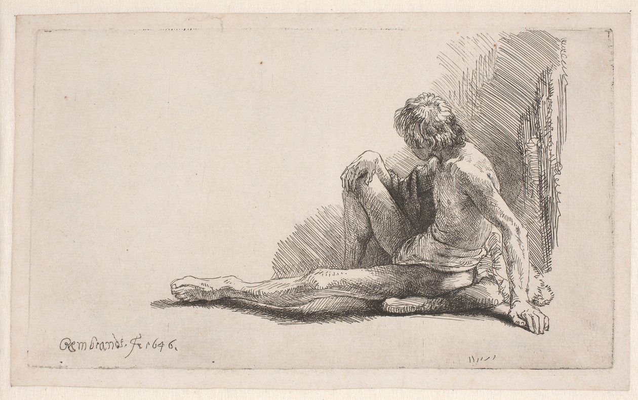 Estudio de desnudo: hombre sentado en el suelo con una pierna estirada de Rembrandt van Rijn