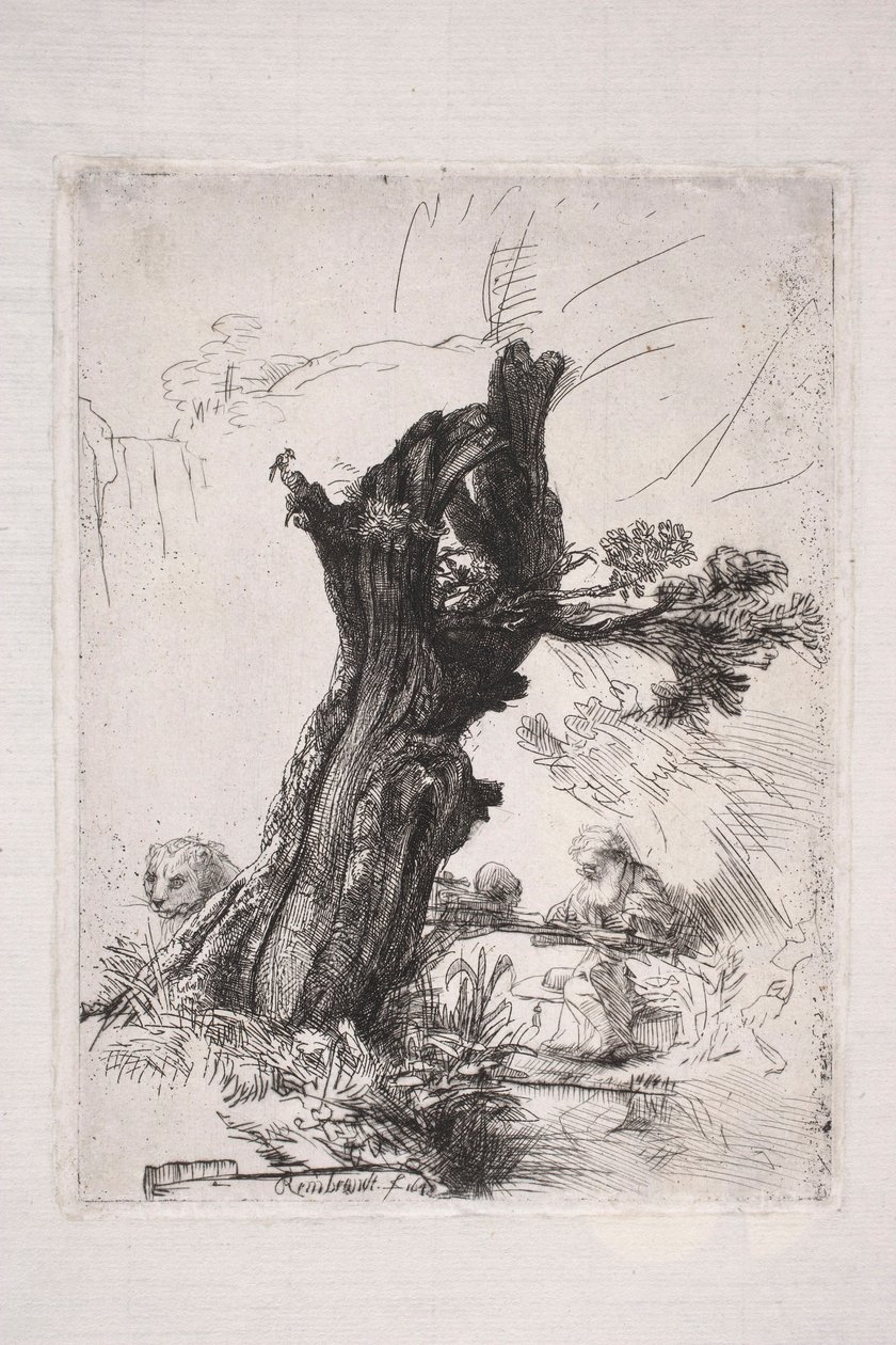 San Jerónimo escribiendo junto al tronco de un sauce de Rembrandt van Rijn