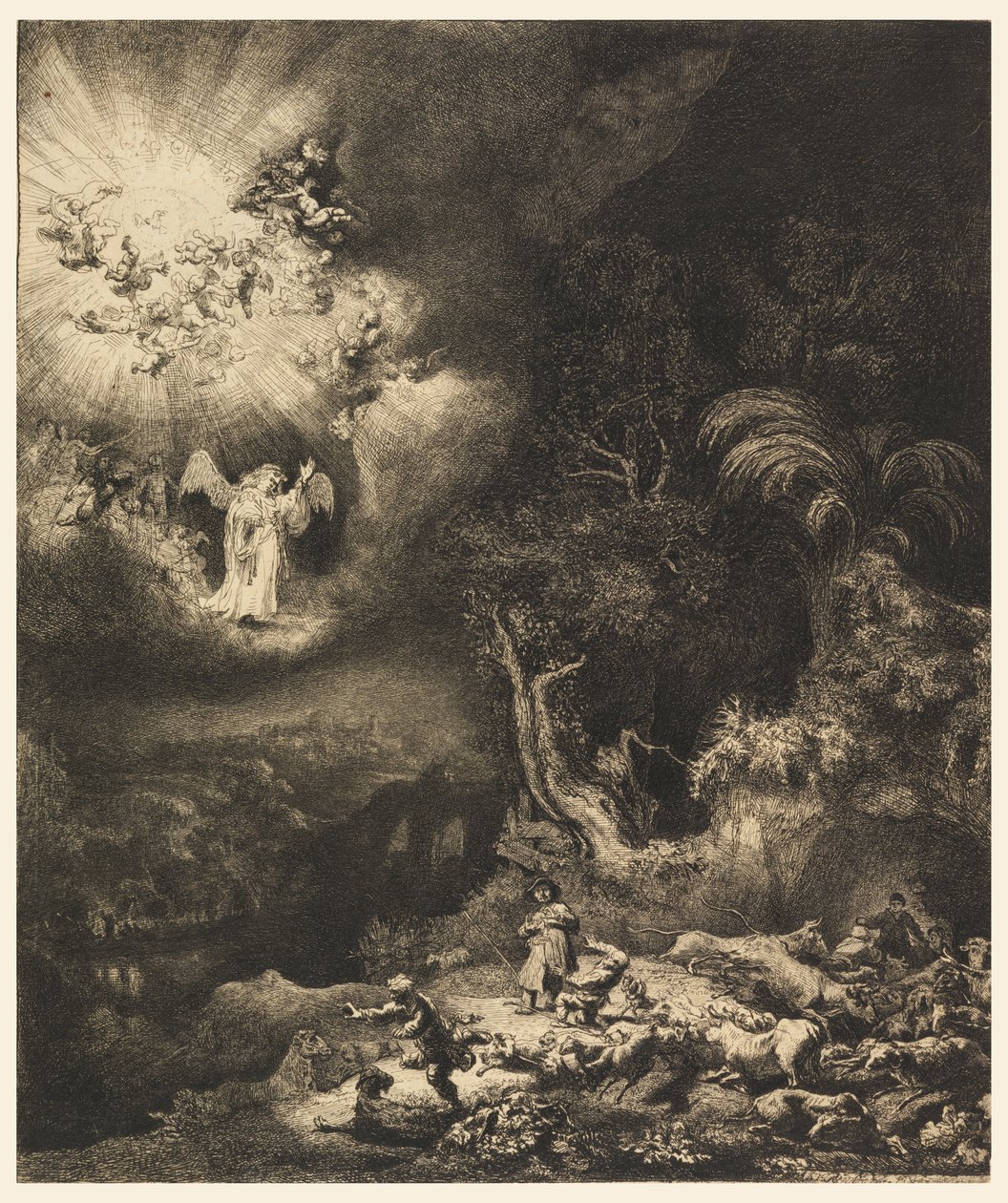 El ángel apareciendo a los pastores de Rembrandt van Rijn