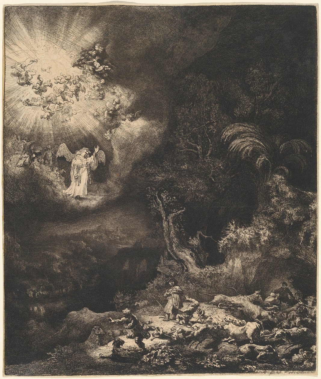 El ángel que se apareció a los pastores de Rembrandt van Rijn
