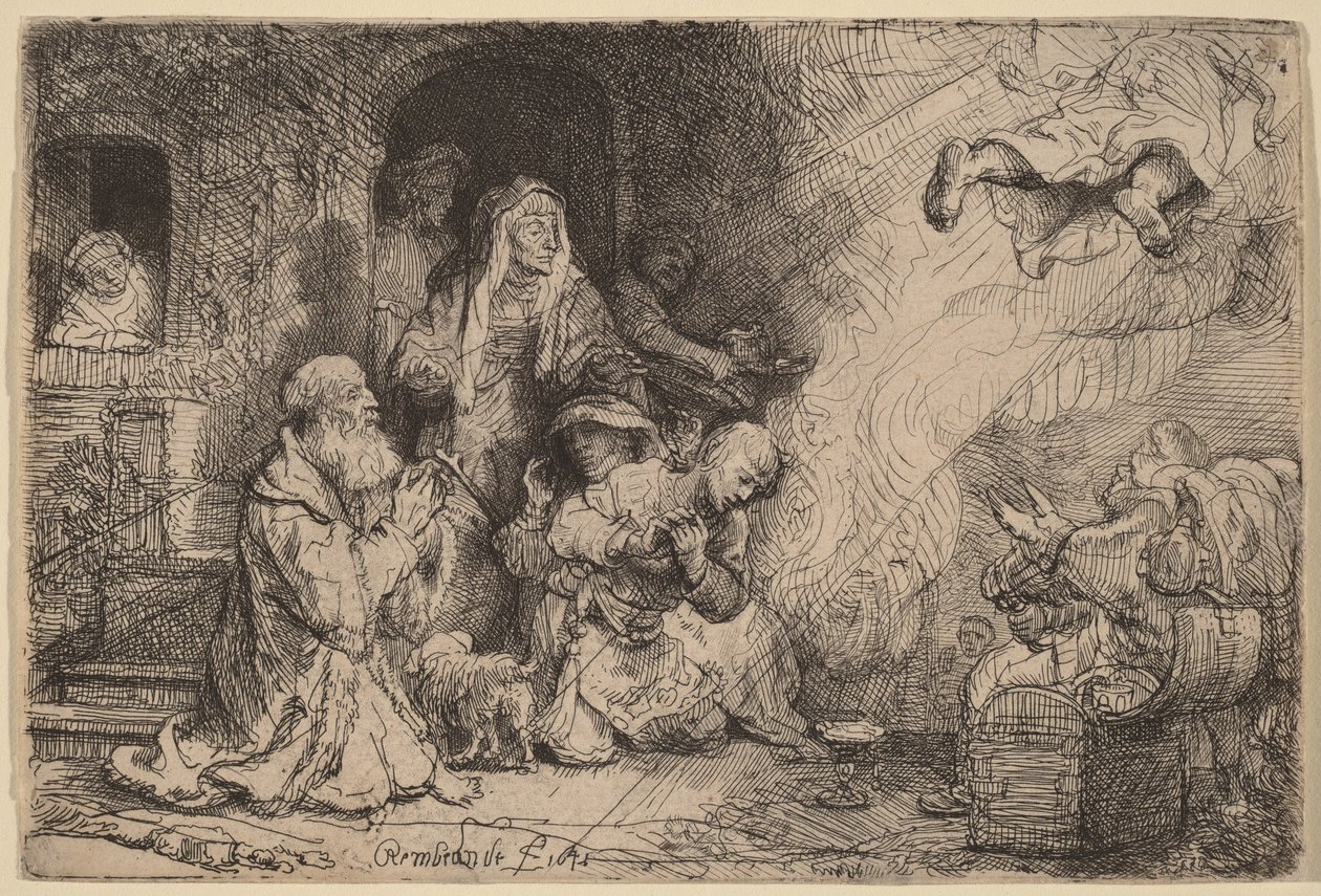 El ángel se despide de la familia de Tobías de Rembrandt van Rijn