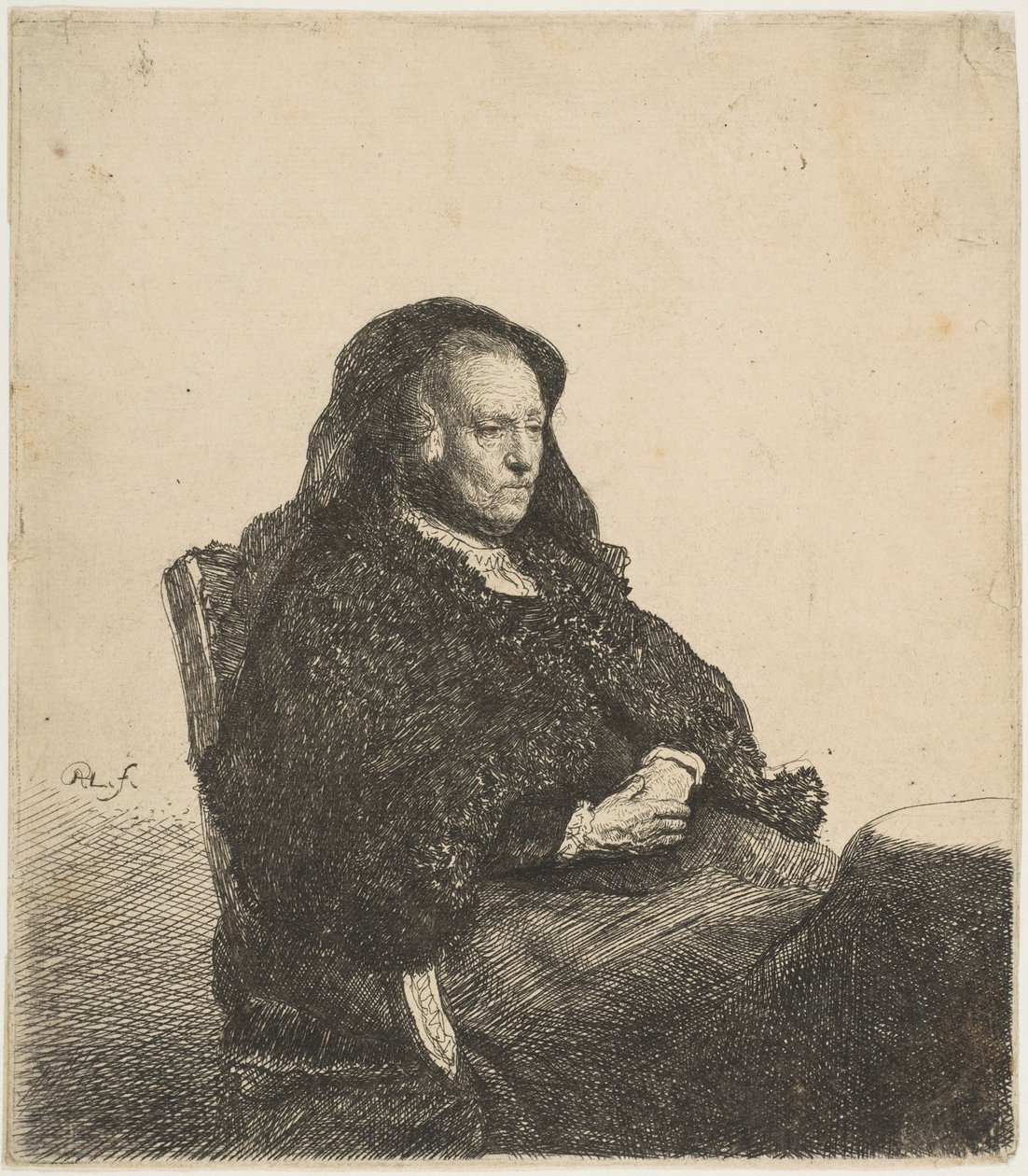 La madre del artista sentada en una mesa mirando a la derecha: tres cuartos de longitud, ca. 1631 de Rembrandt van Rijn