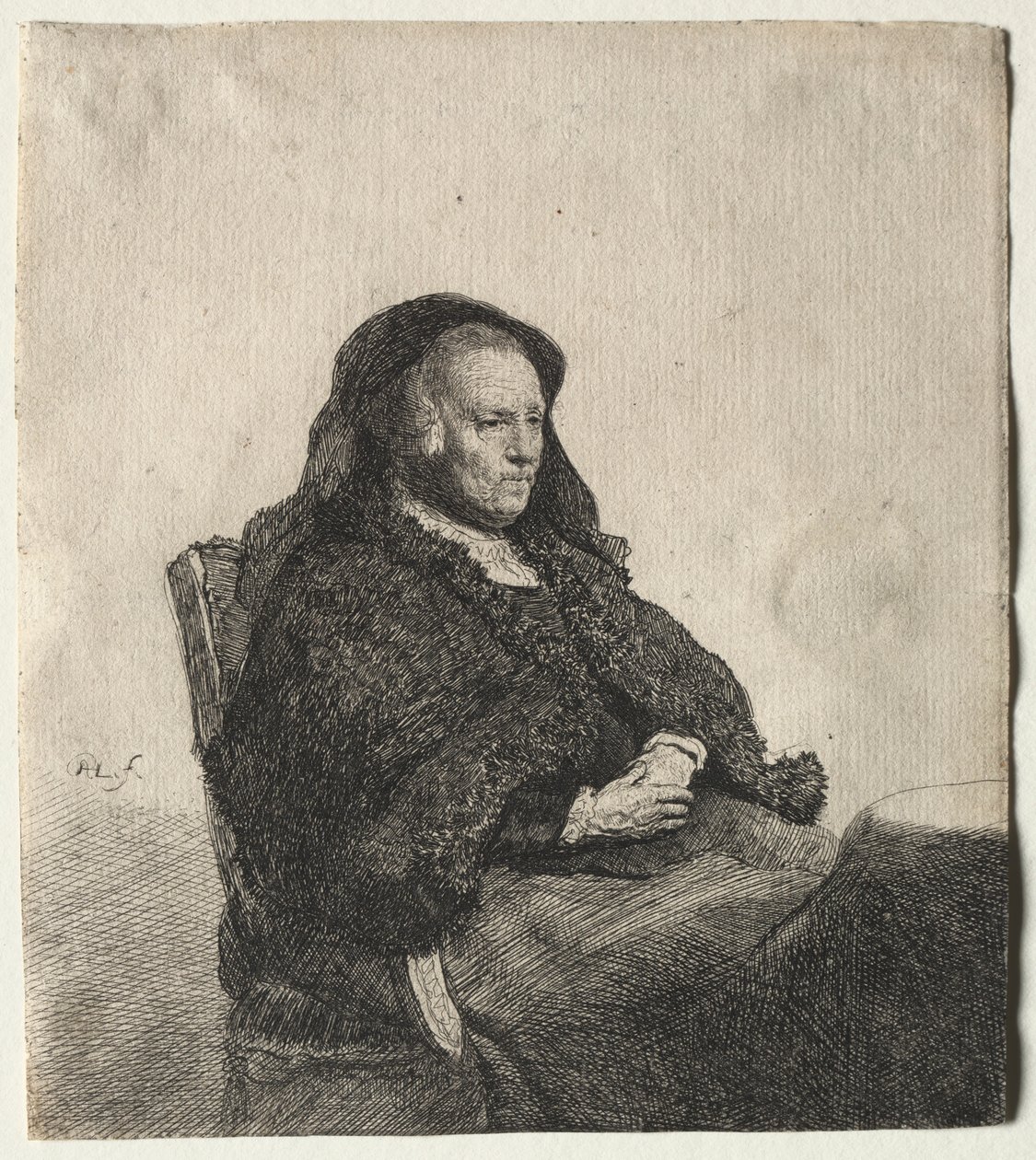 La madre del artista sentada en una mesa, mirando a la derecha: tres cuartos de longitud, c. 1631 de Rembrandt van Rijn