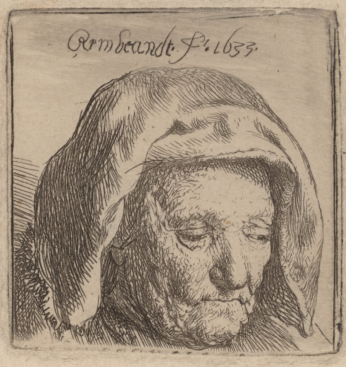 La madre del artista con un tocado de tela, mirando hacia abajo, 1633 de Rembrandt van Rijn
