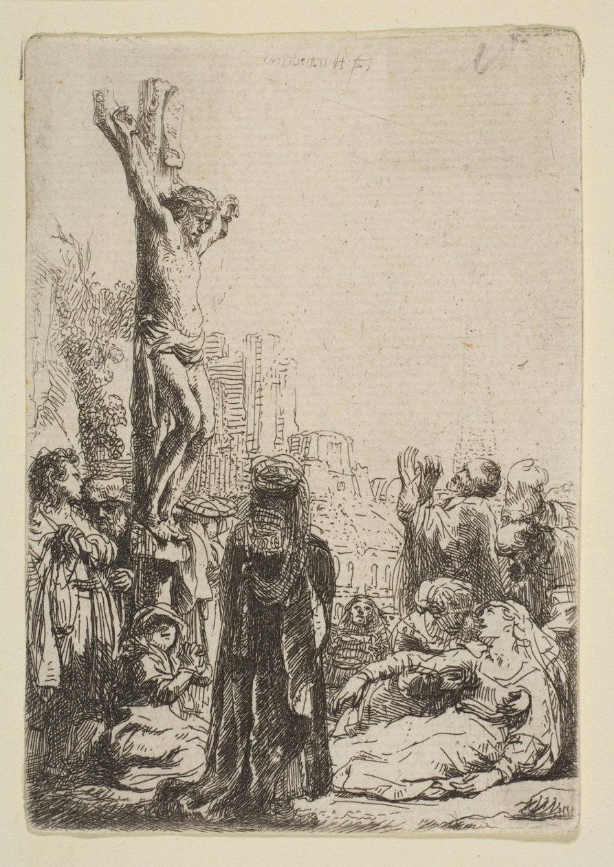 La crucifixión: placa pequeña de Rembrandt van Rijn