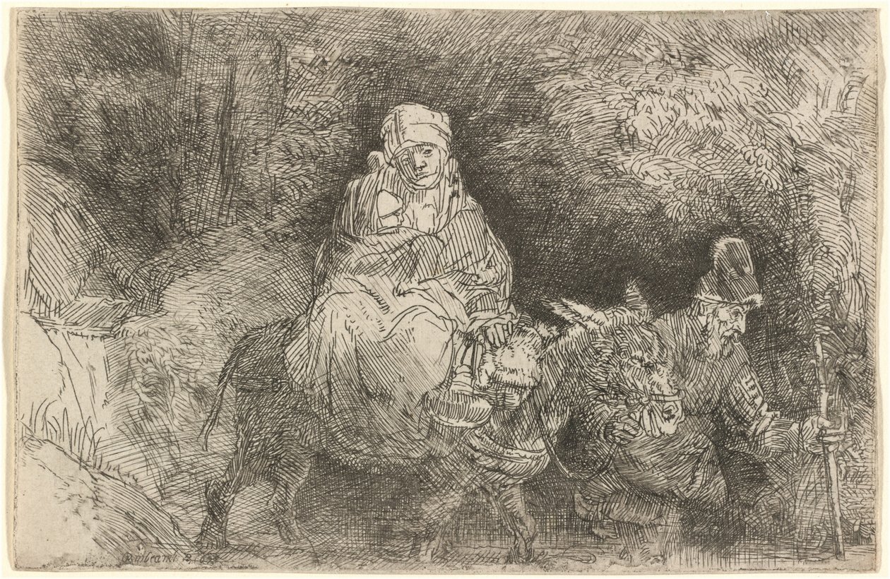 La Huida a Egipto: Cruzando un Arroyo de Rembrandt van Rijn