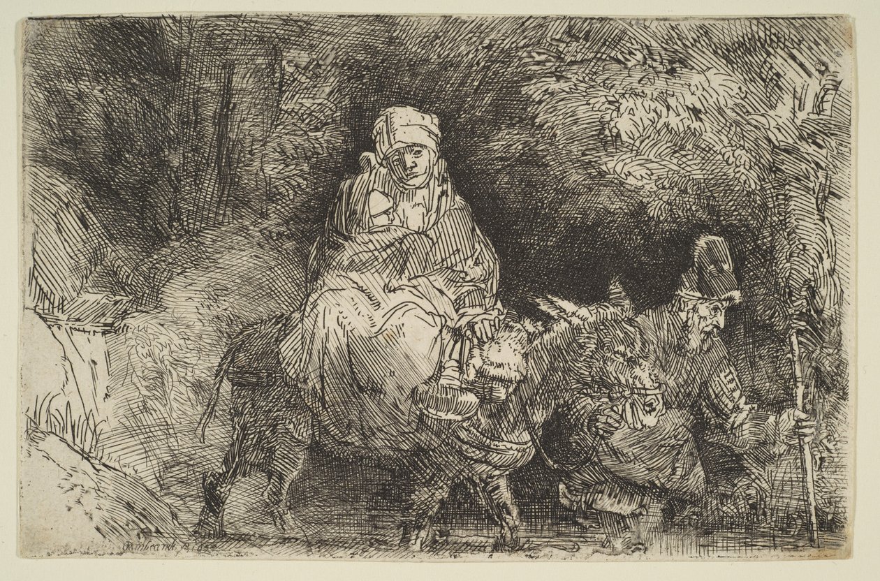 La huida a Egipto: cruzando un arroyo de Rembrandt van Rijn