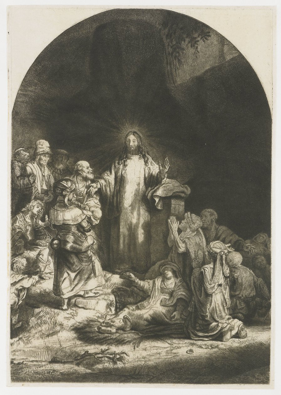 La estampa de los cien florines: la pieza central con Cristo predicando, la placa arqueada de Rembrandt van Rijn