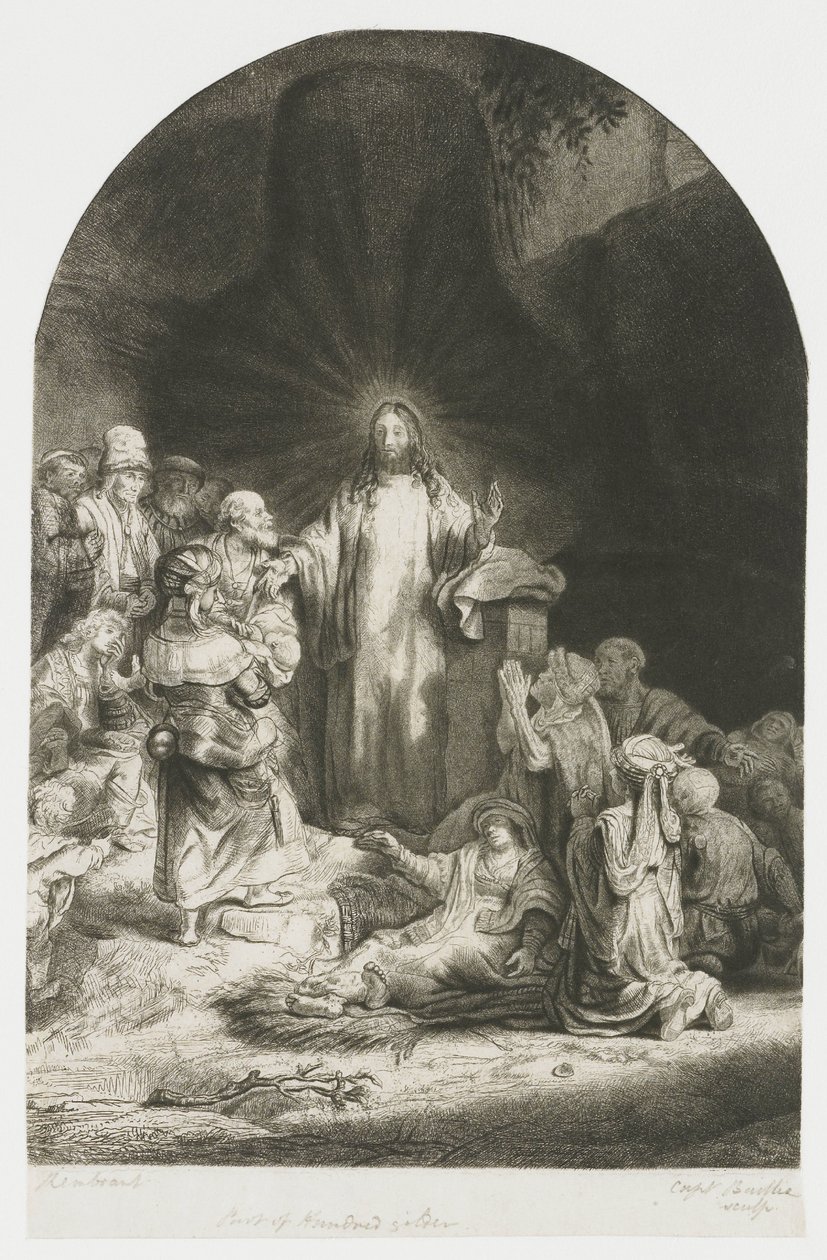 El grabado de los cien florines: la pieza central, con Cristo predicando; la placa, en forma de arco de Rembrandt van Rijn