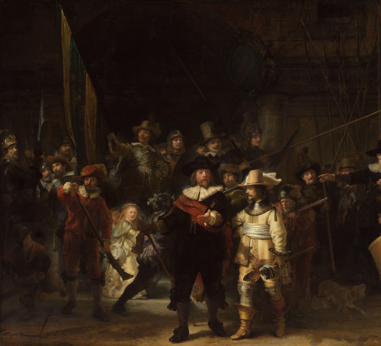 La Guardia Nocturna
Oficiales y otros guardias civiles del Distrito II de Ámsterdam, bajo el mando del capitán Frans Banninck Cocq y el teniente Willem van Ruytenburch, conocidos como "La Guardia Nocturna". de Rembrandt van Rijn