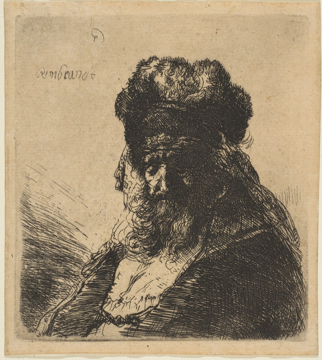 El viejo barbudo con un gorro alto de piel, con los ojos cerrados, ca. 1635 de Rembrandt van Rijn