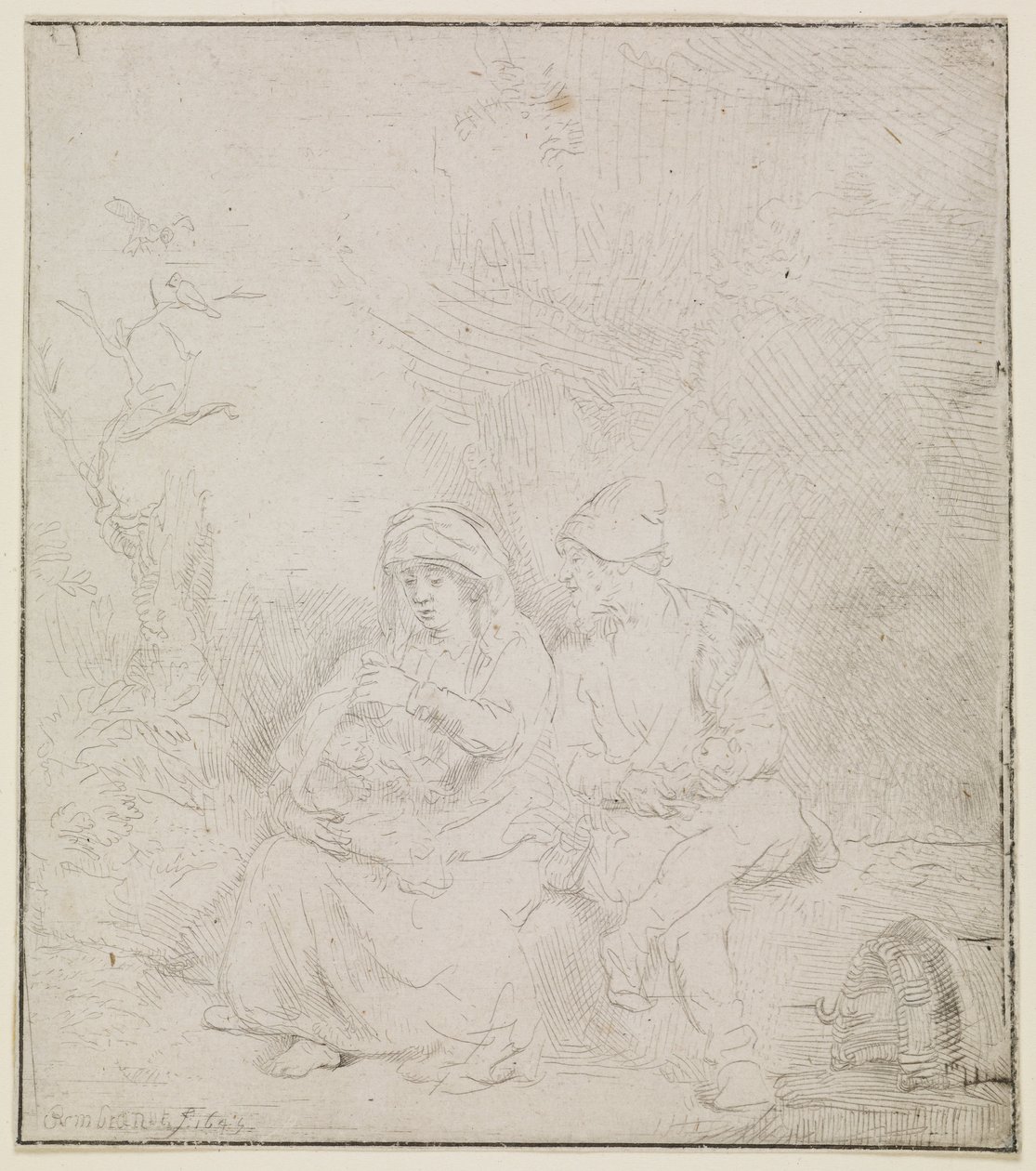 El descanso durante el vuelo (grabado a la acuarela) de Rembrandt van Rijn