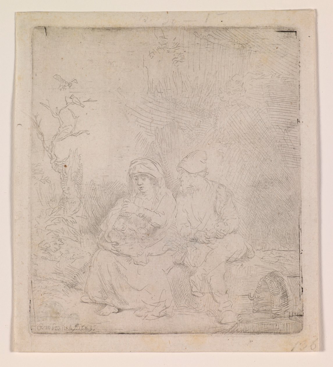 El descanso durante el vuelo (grabado a la acuarela) de Rembrandt van Rijn