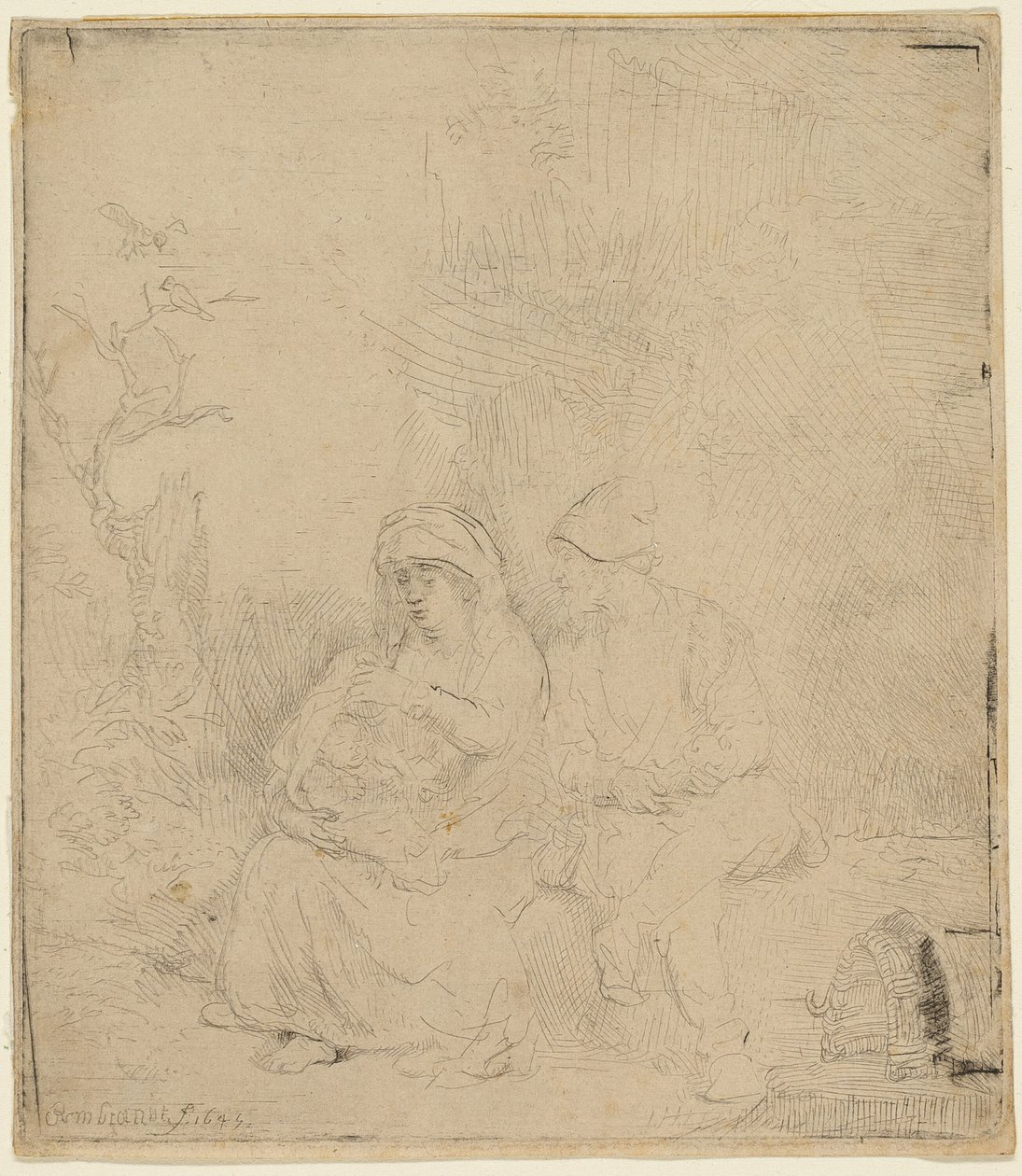 El descanso en la huida a Egipto: Ligeramente grabado de Rembrandt van Rijn