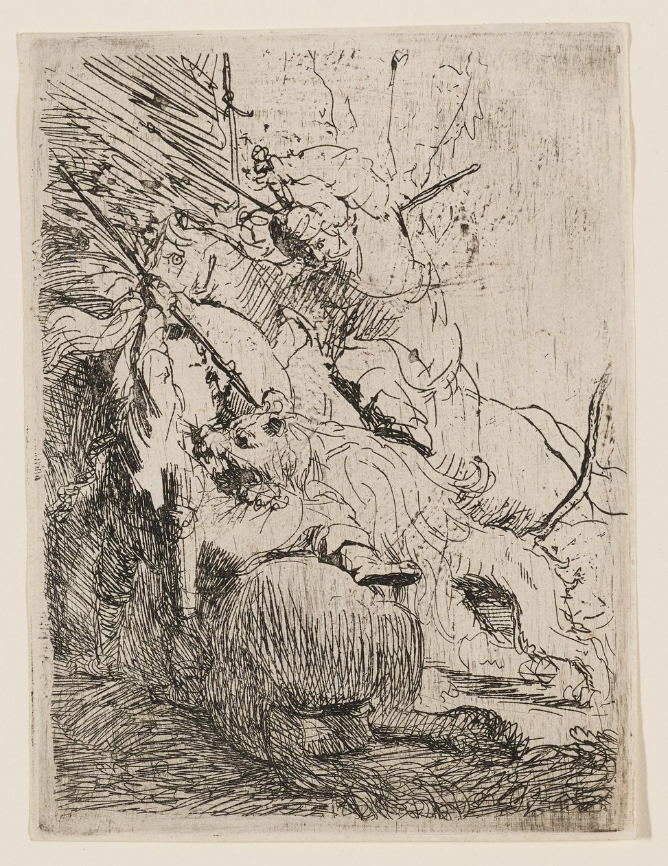La caza del león pequeño (con un león) de Rembrandt van Rijn