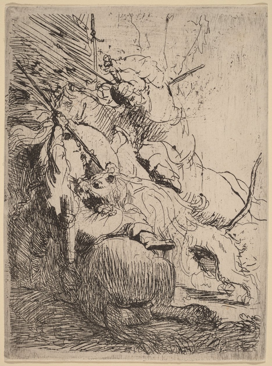 La caza del león pequeño (con un león) de Rembrandt van Rijn