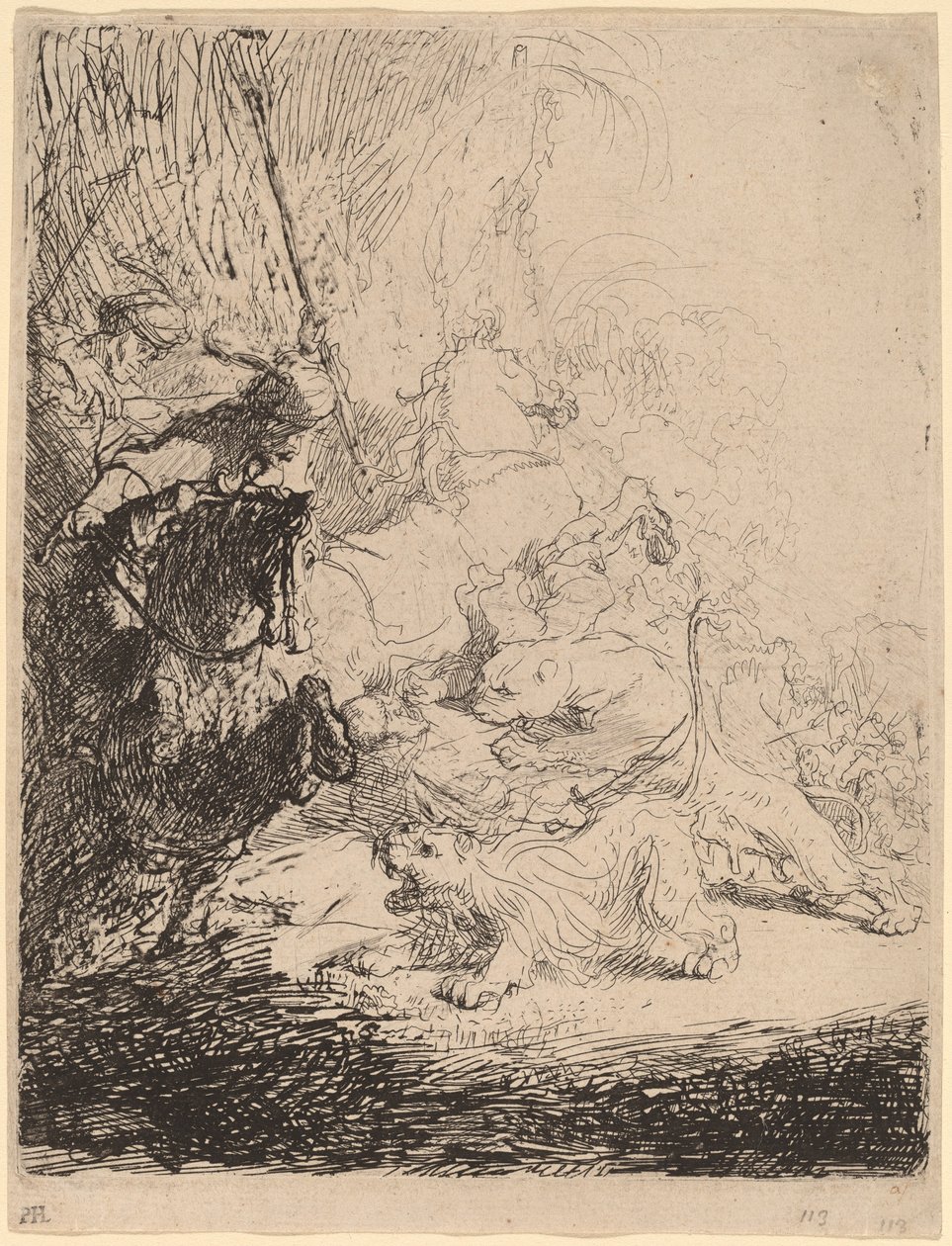 La pequeña caza del león (con dos leones) de Rembrandt van Rijn