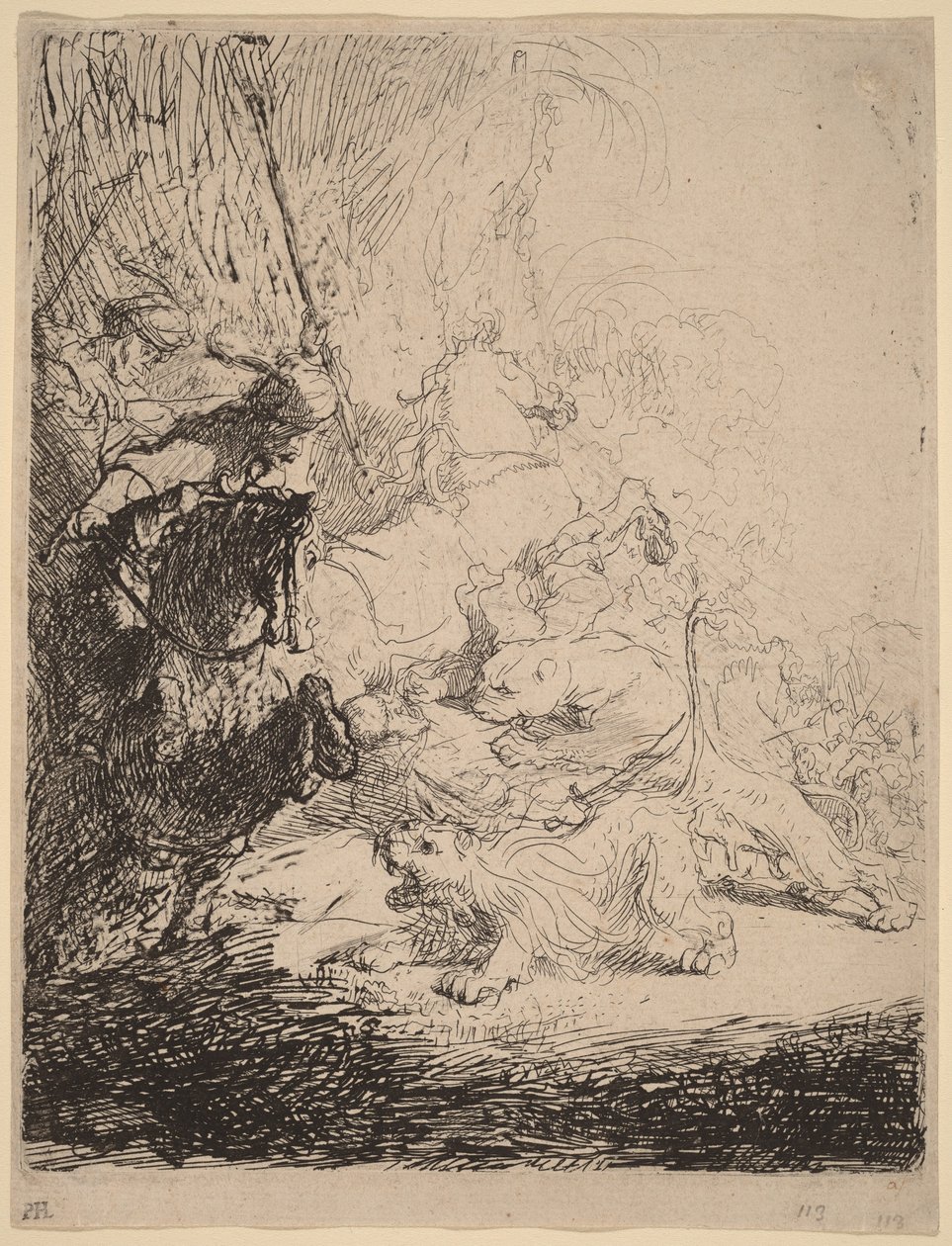 La caza del león pequeño (con dos leones) de Rembrandt van Rijn
