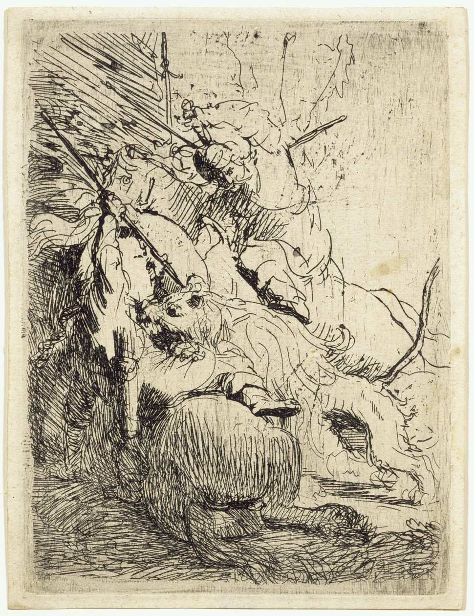 La caza del león pequeño (con un león) de Rembrandt van Rijn
